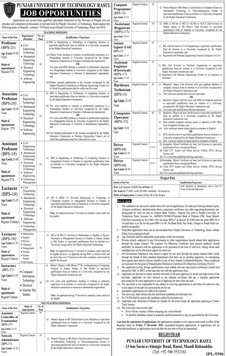 BPS-04 to BPS-21 Vacancies in Punjab University of Technology Rasul 2023