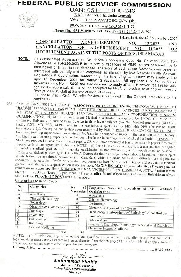 BPS-18 to BPS-19 PIMS Islamabad Vacancies through FPSC (Ad No. 13 of 2023)