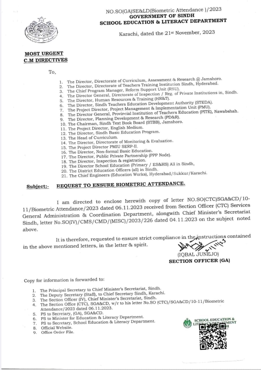 Biometric Attendance of Government Employees Sindh 2023