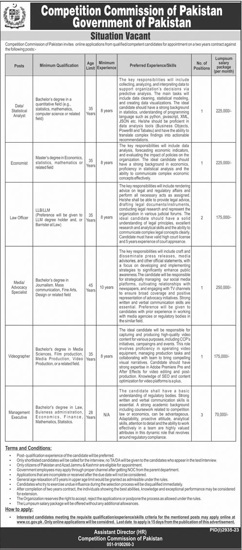 Competition Commission of Pakistan Government of Pakistan Job Vacancies 2023