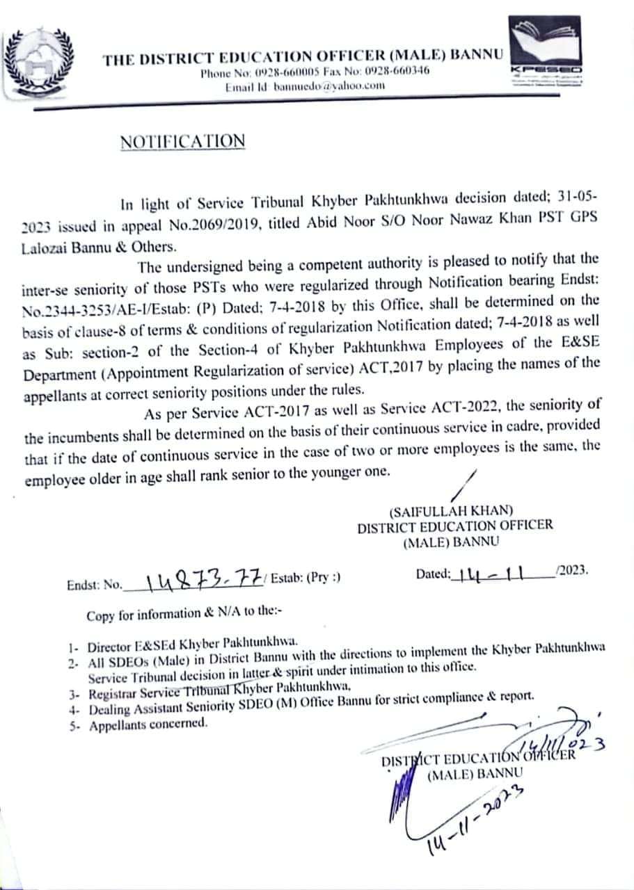 Determination Seniority List PSTs Regularized Vide Notification Dated 07-04-2028