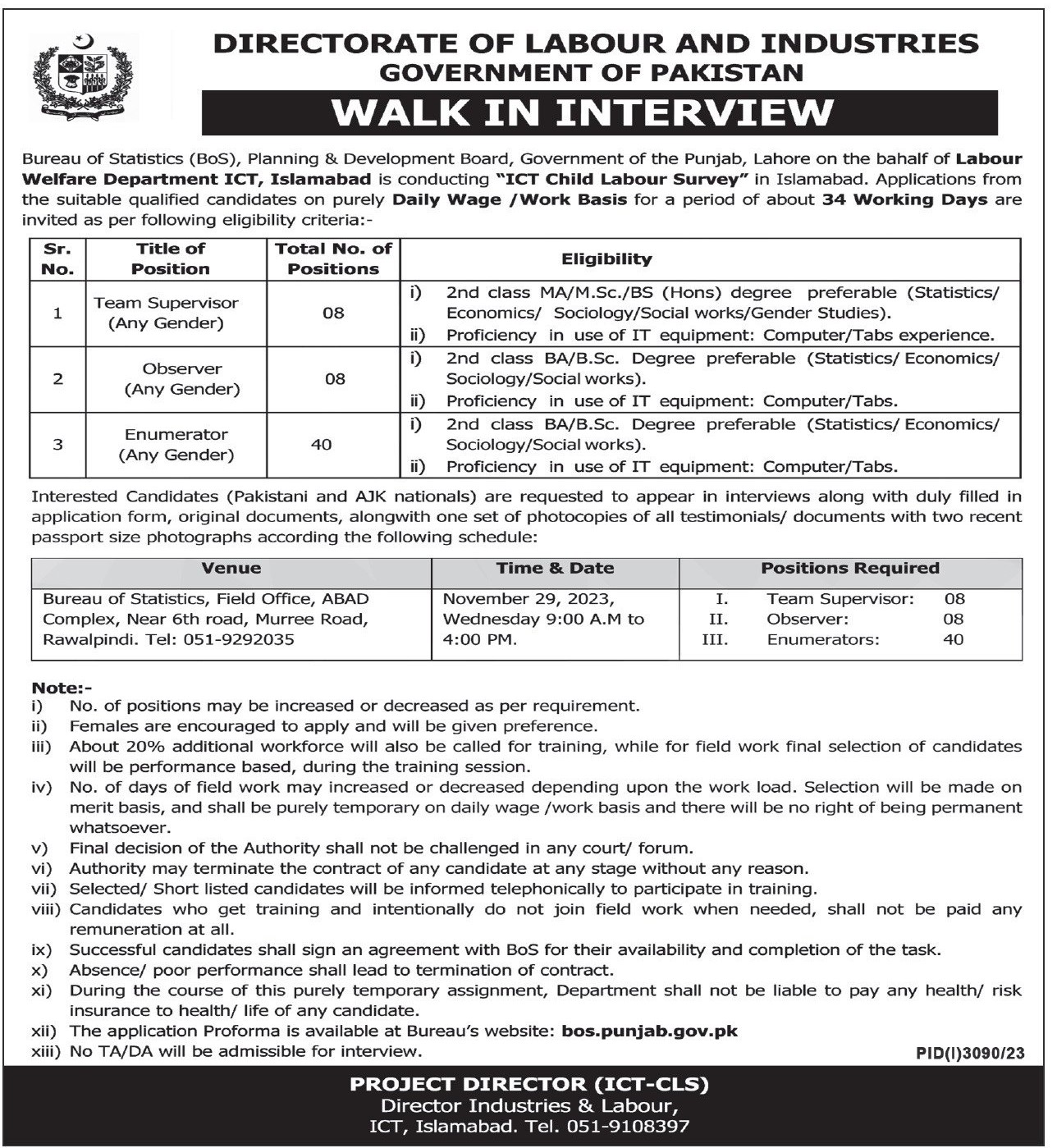 Directorate of Labour and Industries Govt of Pakistan Vacancies 2023