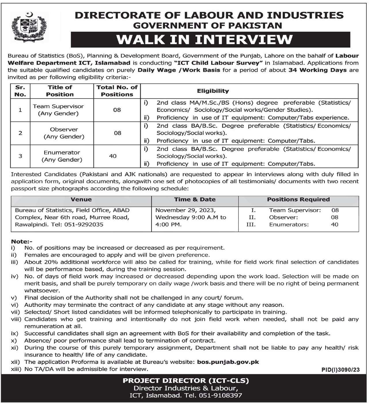 Directorate of Labour and Industries Govt of Pakistan Vacancies 2023