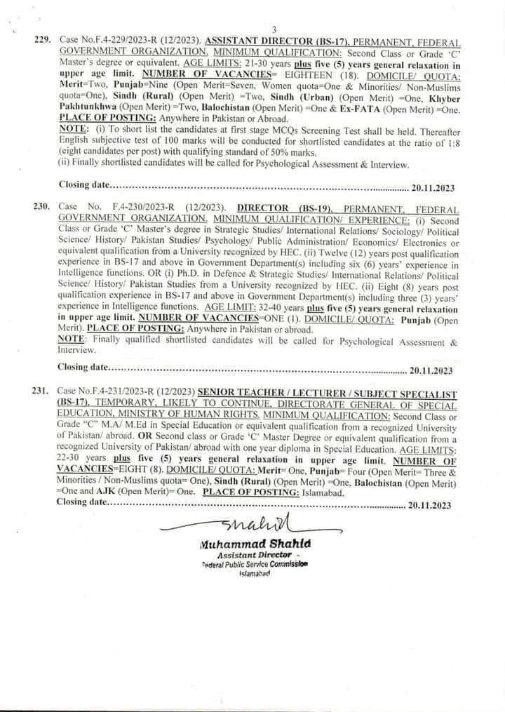 FPSC Vacancies Ad No. 12 of 2023