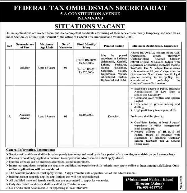 Federal Tax Ombudsman Secretariat Islamabad Vacancies 2023