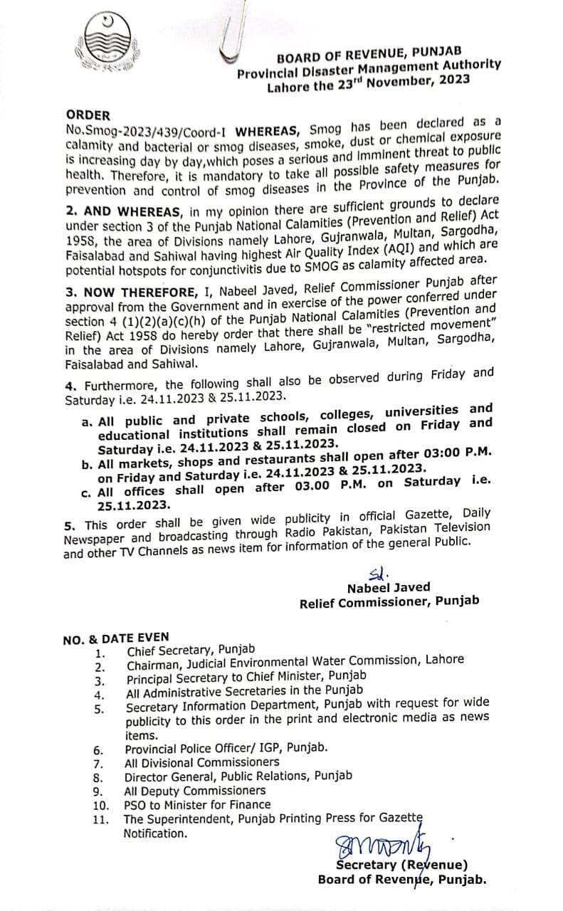 SED Punjab Holiday die to Smog 24 to 26 Nov 2023