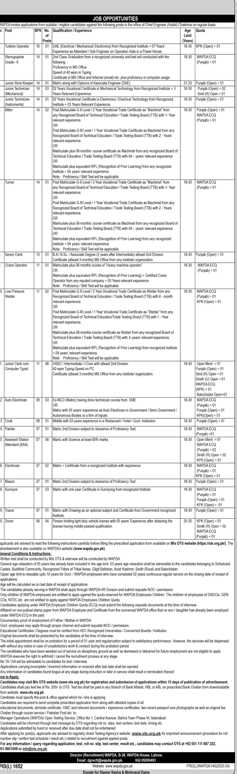 Latest Vacancies in WAPDA 2023 Through OTS