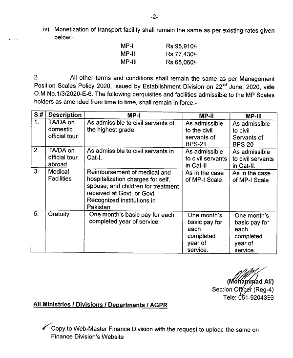 Notification Revised Management Pay Scales 2023 (MP-I, MP-II & MP-III)