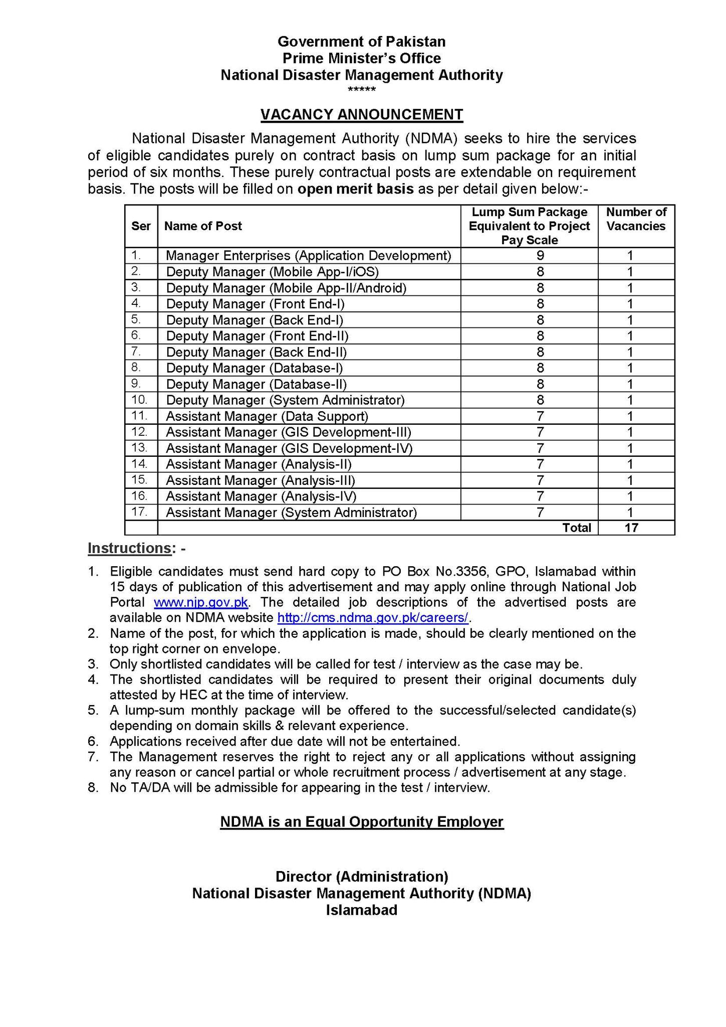 NDMA Vacancies 2023 on Contract Basis