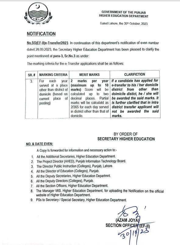 Notification Clarification Calculation of Marks for E Transfer Merit