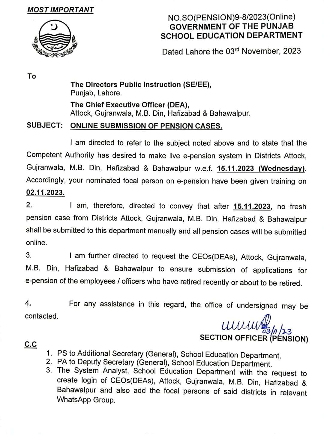 Notification Online Submission of Pension Cases / Pension Papers SED Punjab
