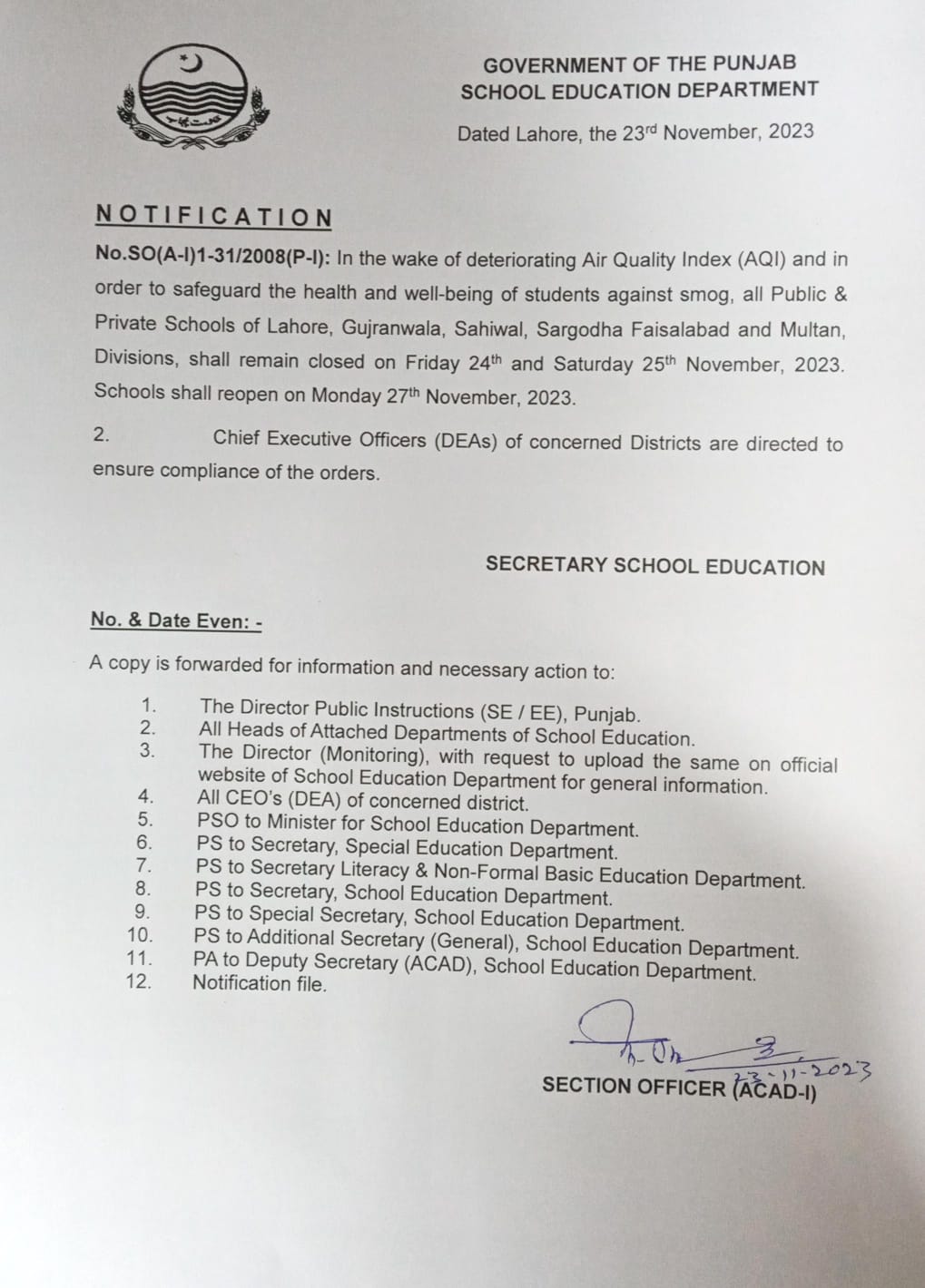 Notification of Holiday on Friday, Saturday and Sunday Punjab 6 Districts