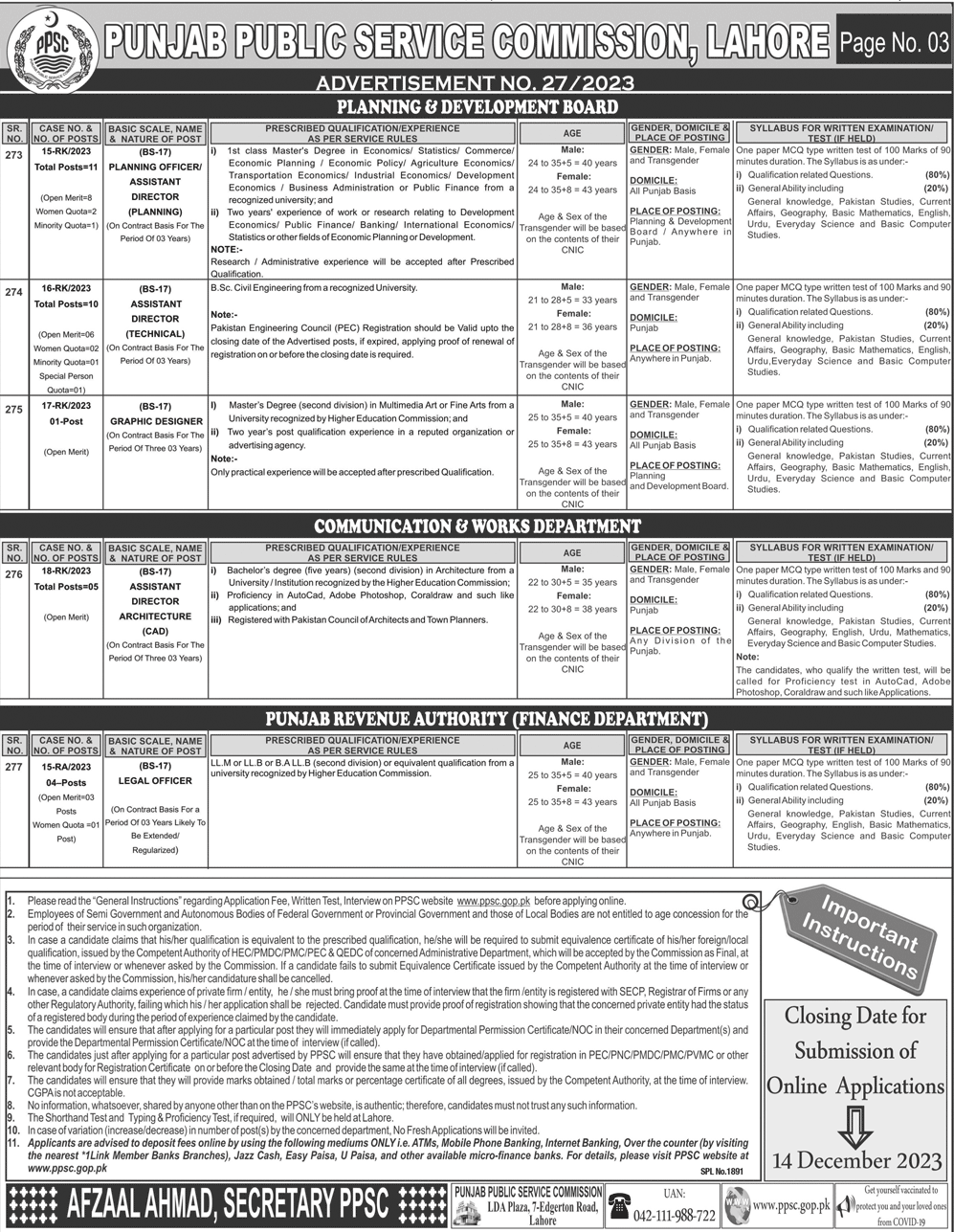 Punjab Public Service Commission Vacancies Ad No. 27 / 2023