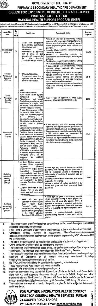 Primary and Secondary Healthcare Department New Vacancies 2023