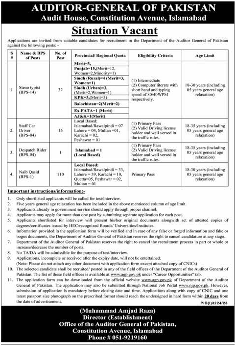 Steno Typists, Staff Car Drivers, Dispatch Riders and Naib Qasids Vacancies 2023