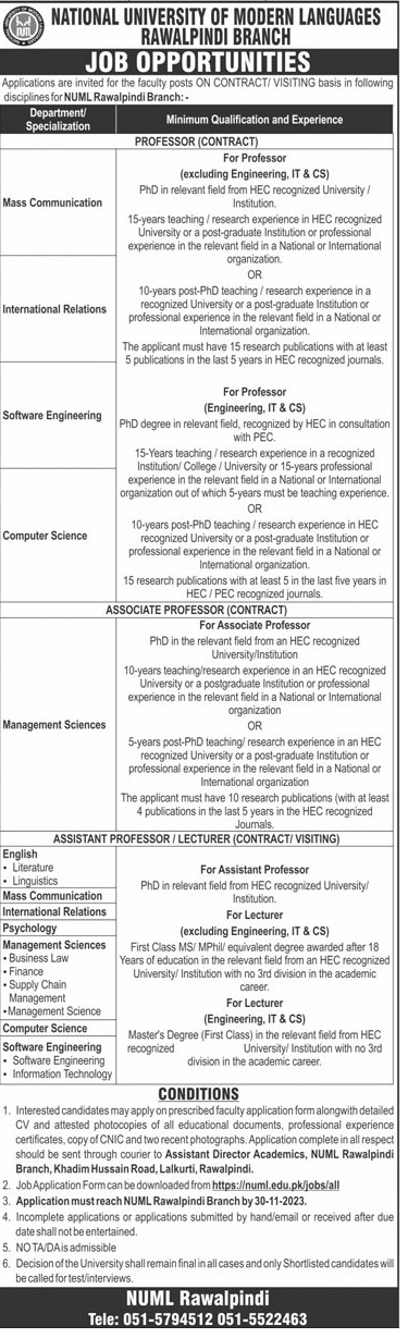 Teaching Vacancies in National University of Modern Languages (NUML) 2023