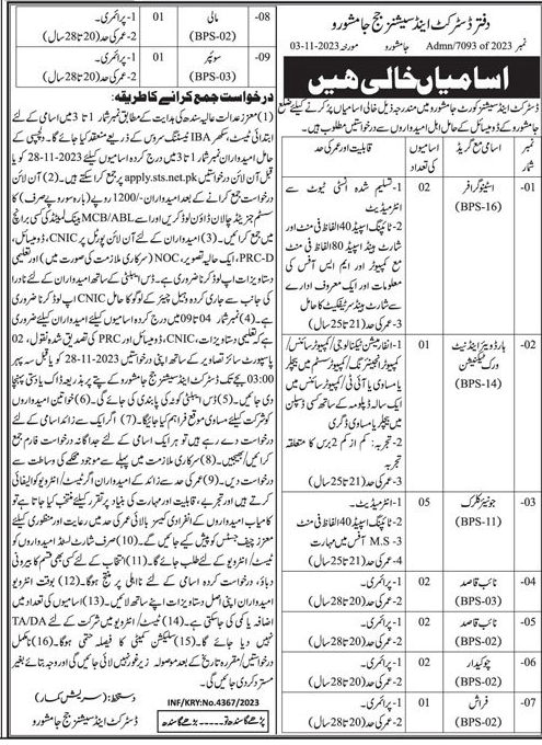Job Vacancies in District and Session Court Jamshoro Nov 2023