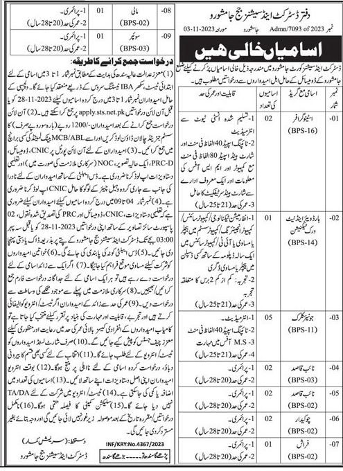 Vacancies in District and Session Court Jamshoro Nov 2023