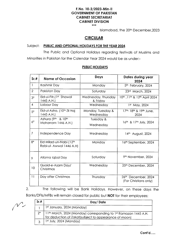 Gazetted and Public Holidays 2024 Pakistan