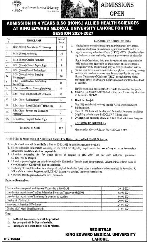 Admission in 04- Years BSc (Hons) Allied Health Sciences King Edward Medical University 2024-2027