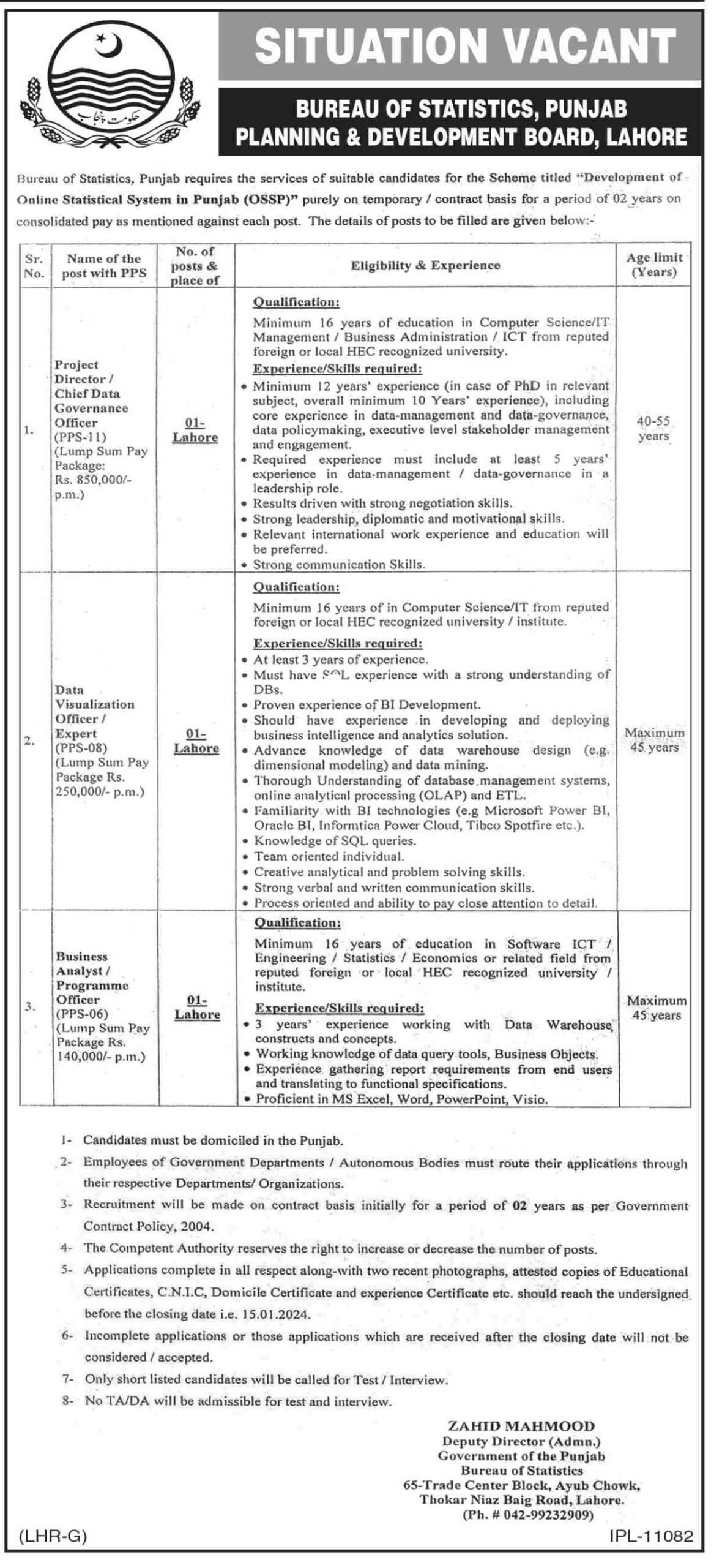 Bureau of Statistics Punjab Planning & Development Board Vacancies 2024