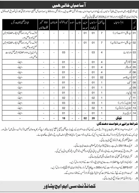 CMH Peshawar BPS-01 to BPS-07 Vacancies 2024