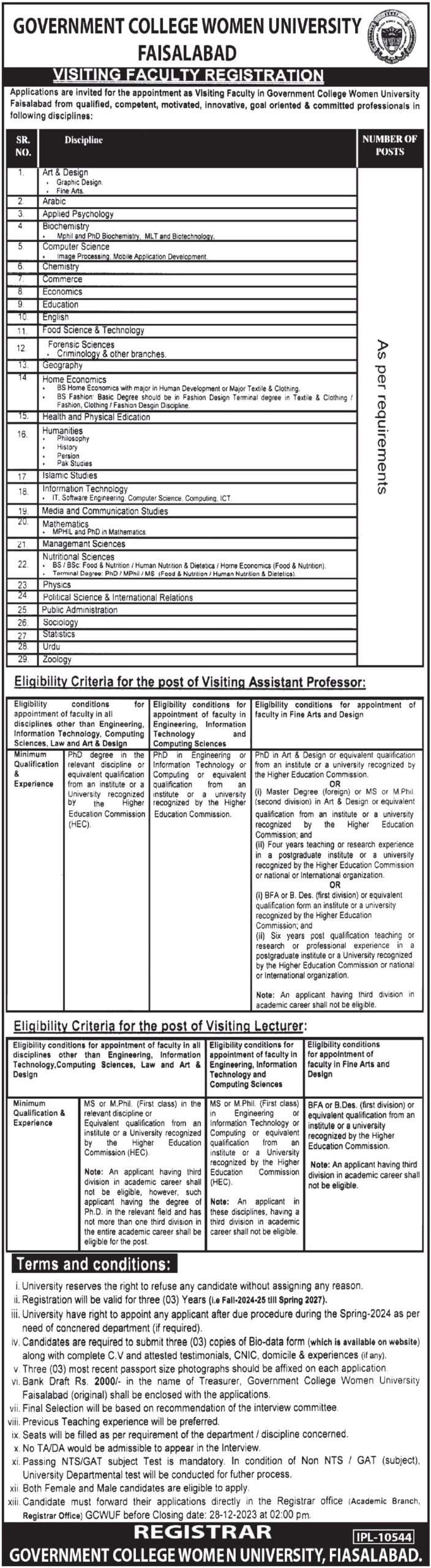 GCWUF Visiting Faculty Vacancies 2023-24