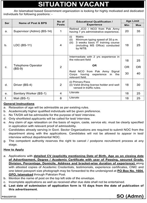 Government Jobs in Islamabad Dec 2023