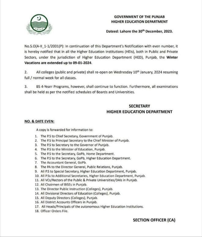HED Punjab Winter Holidays 2024 Extension