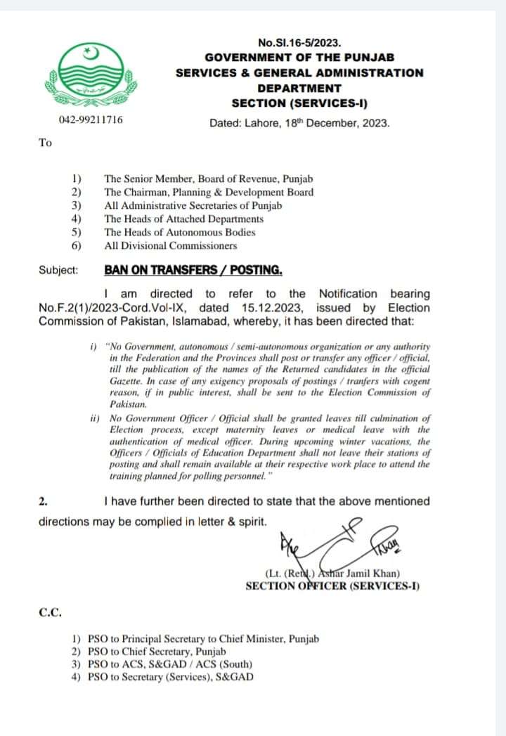 Imposing Ban on All Transfers and Postings & Leaves Punjab