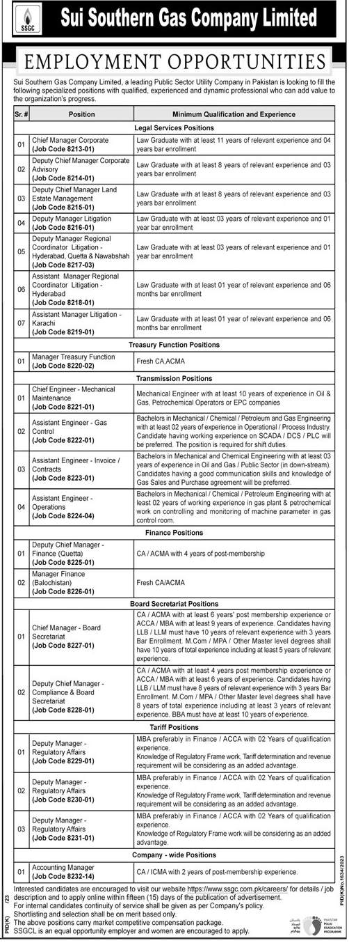 Jobs in Sui Southern Gas Company Limited Dec 2023