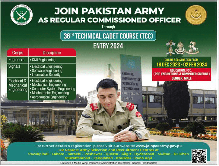 Join Pakistan Army as Regular Commissioned Officer through 36th TCC Entry 2024