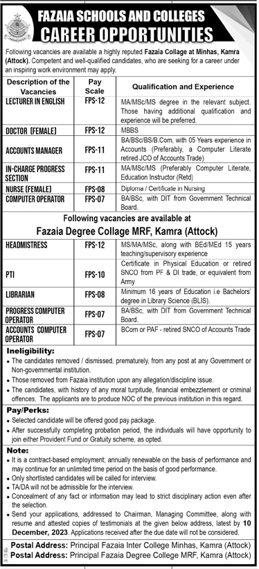 Latest Vacancies in Fazaia Schools and Colleges Minhas Kamra 2023