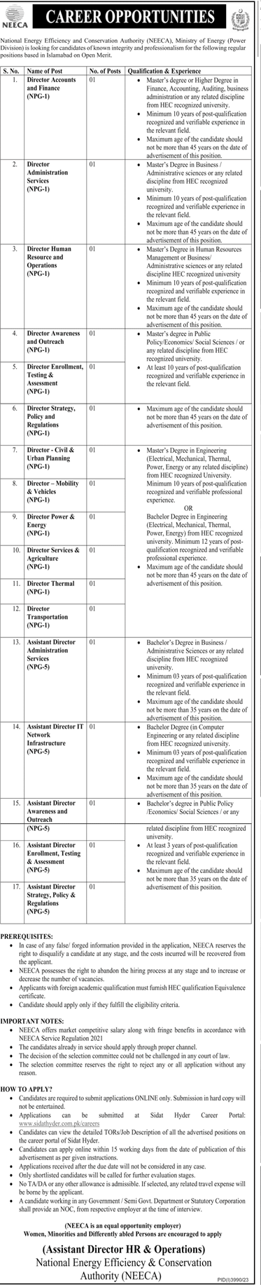 NPG-01 to NPG-05 Vacancies in NEECA 2024