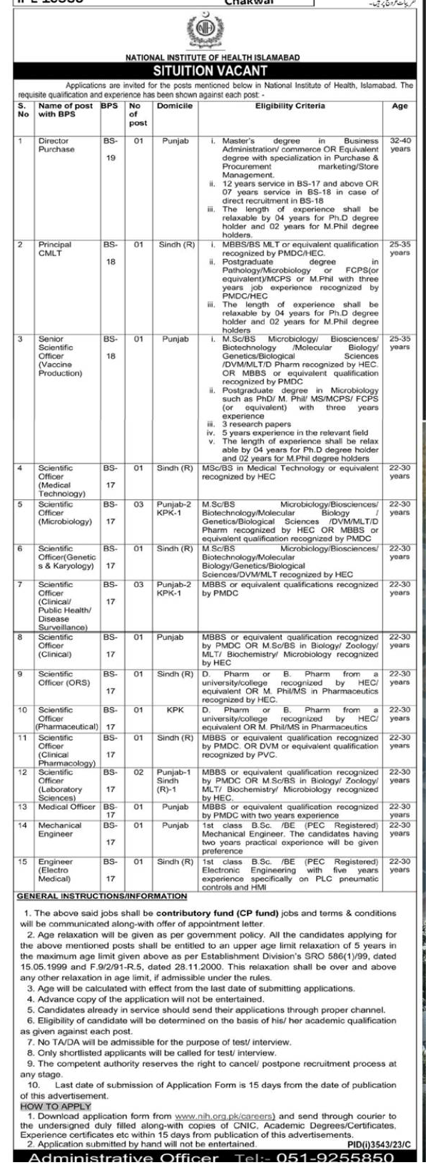 National Institute of Health Islamabad (NIH) Vacancies Dec 2023