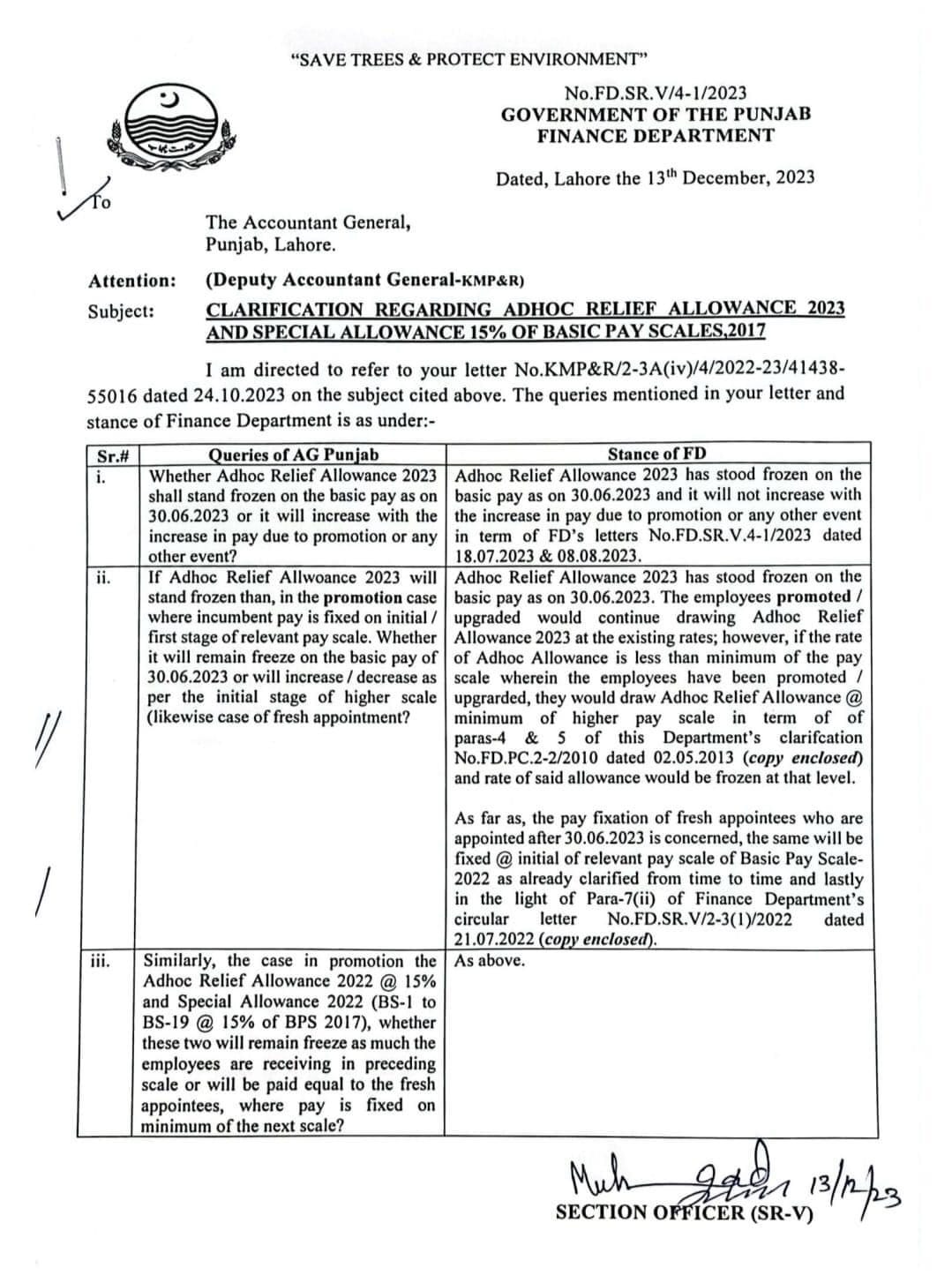 Notification Clarification Adhoc Relief Allowance 2023 Punjab @ 35% and 30%