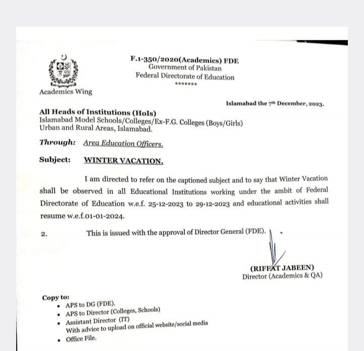 Notification Winter Vacation 2023 Federal Government FDE Islamabad