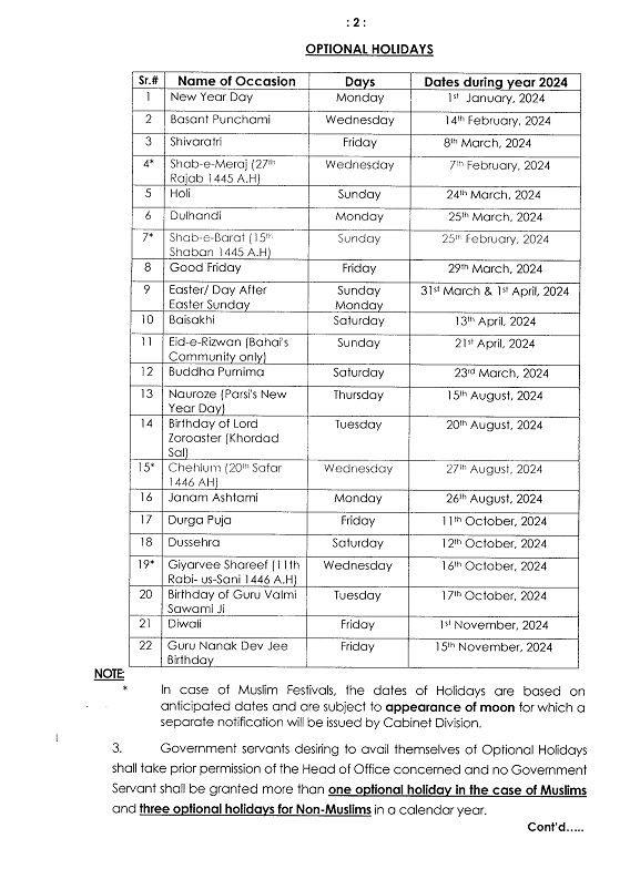 Optional Holiday 2024 Pakistan