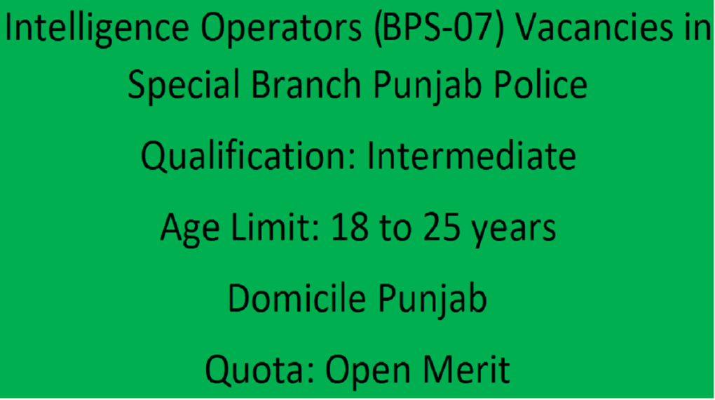 Intelligence Operators (BPS-07) Vacancies in Special Branch Punjab Police 2023