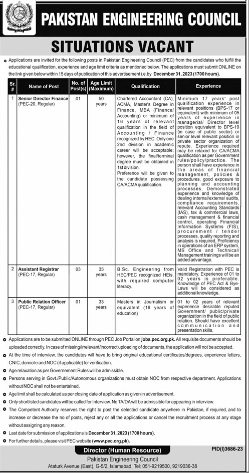 Pakistan Engineering Council (PEC) Vacancies 2023