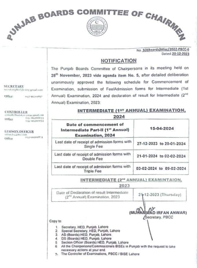 Schedule HSSC Annual Exams 2024 Admission Forms and Fee Punjab Boards