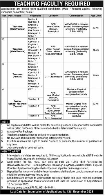 Teaching Vacancies in Islamabad Rawalpindi Army Public Schools Dec 2023