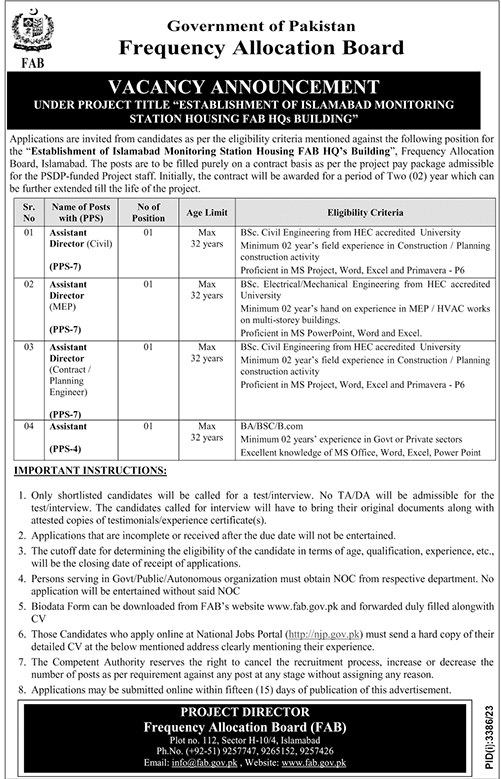 Vacancies in Frequency Allocation Board Govt of Pakistan (FAB Jobs 2023)