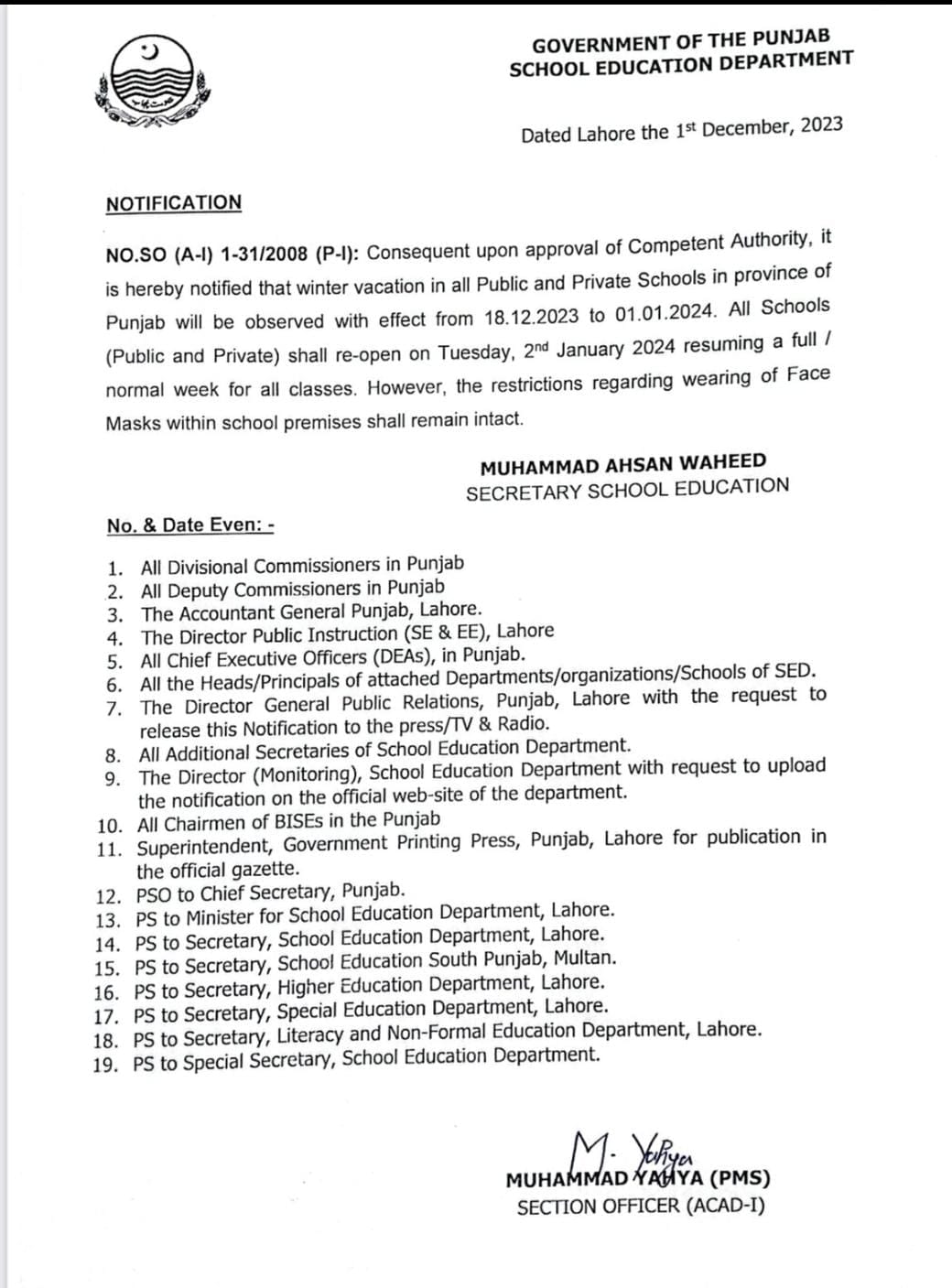 Notification Winter Holidays in Punjab 2023