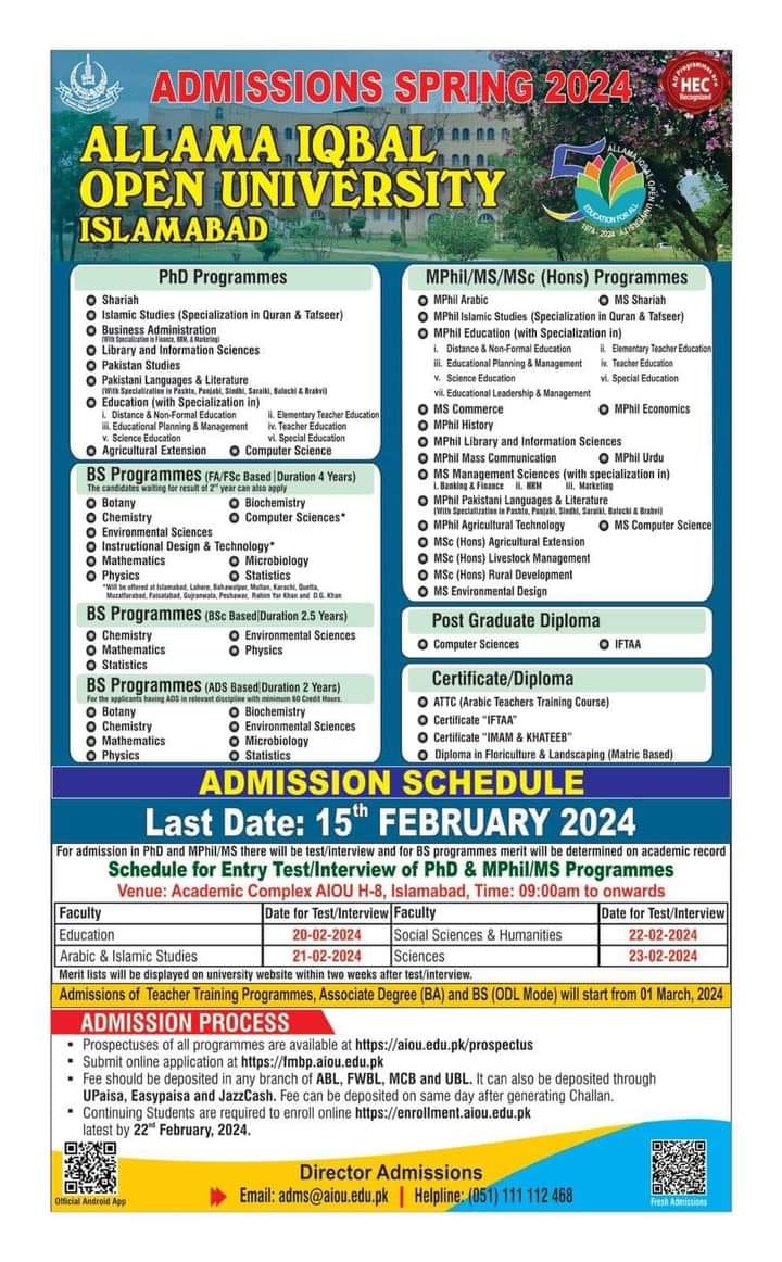 AIOU Admission Open Spring 2024