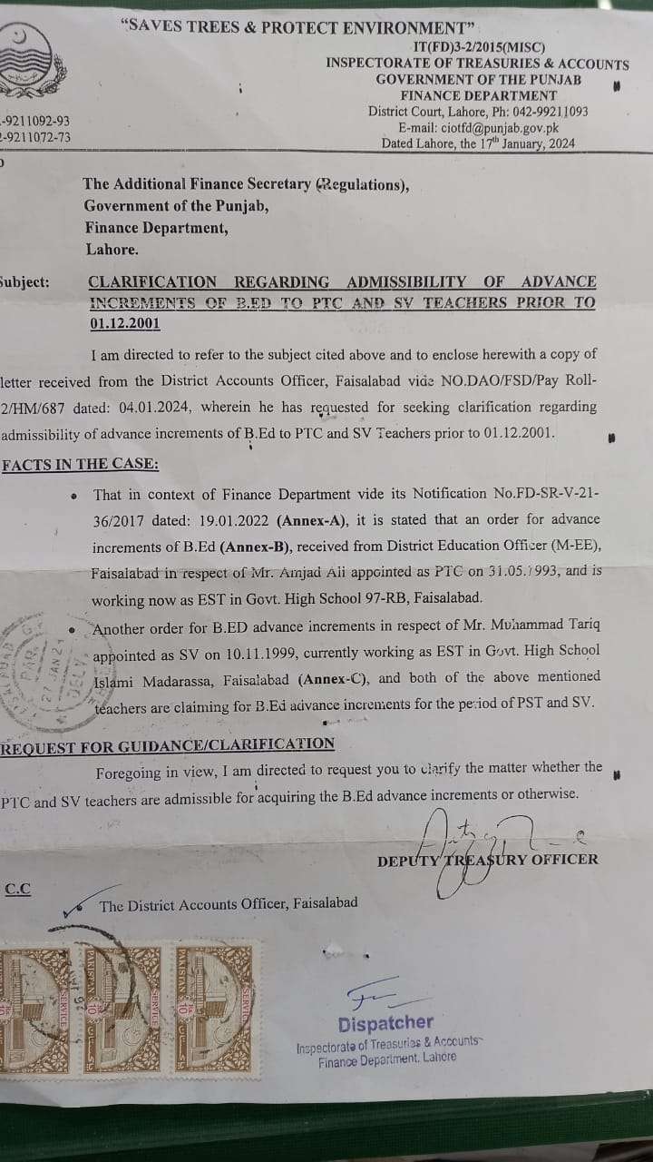 Admissibility Advance Increments BEd to PTC and SV Teachers Prior to 01-12-2001