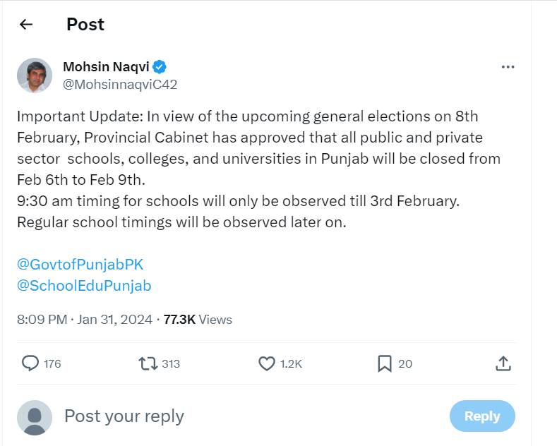 Announcement of Election Holidays 2024 (Punjab) wef 6th Feb 2024 to 9th Feb 2024