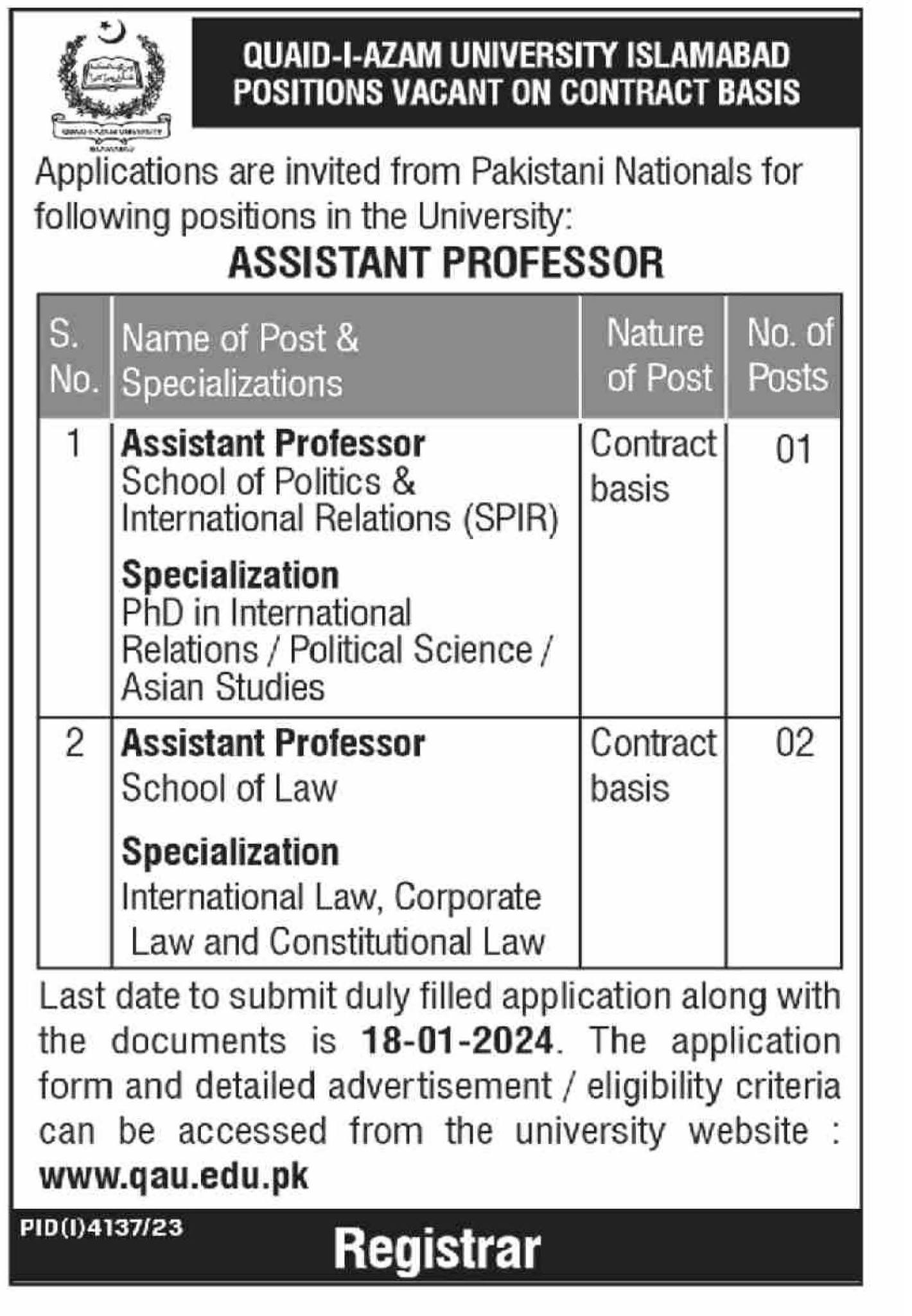 Assistant Professors Vacancies QAU Islamabad 