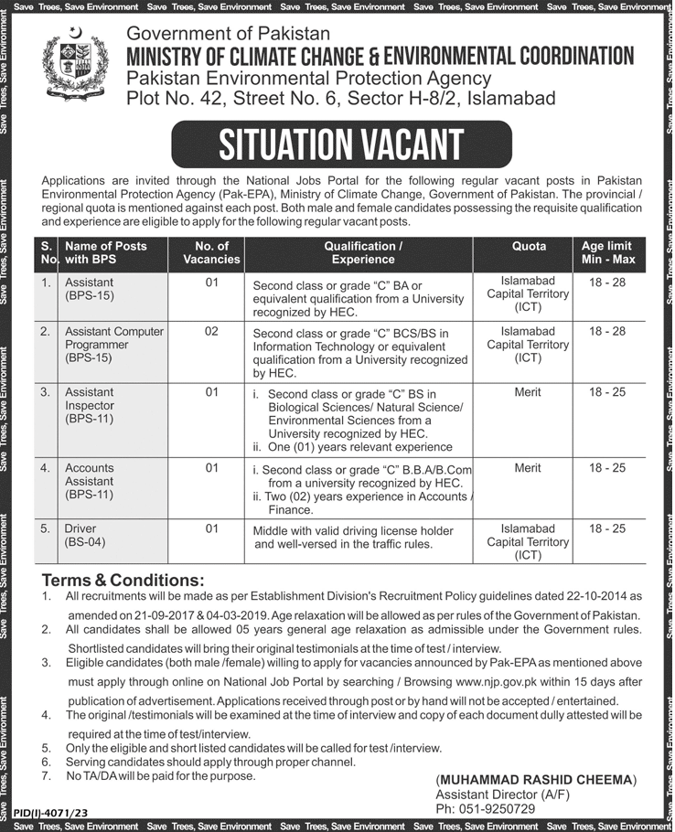 BPS-04 to BPS-15 Vacancies in Pak –EPA Ministry of CC & EC