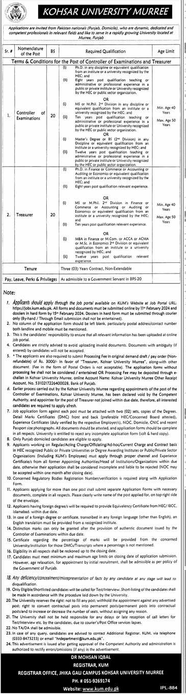 Controller of Examination and Treasurer Vacancies 2024 Kohsar University Murree